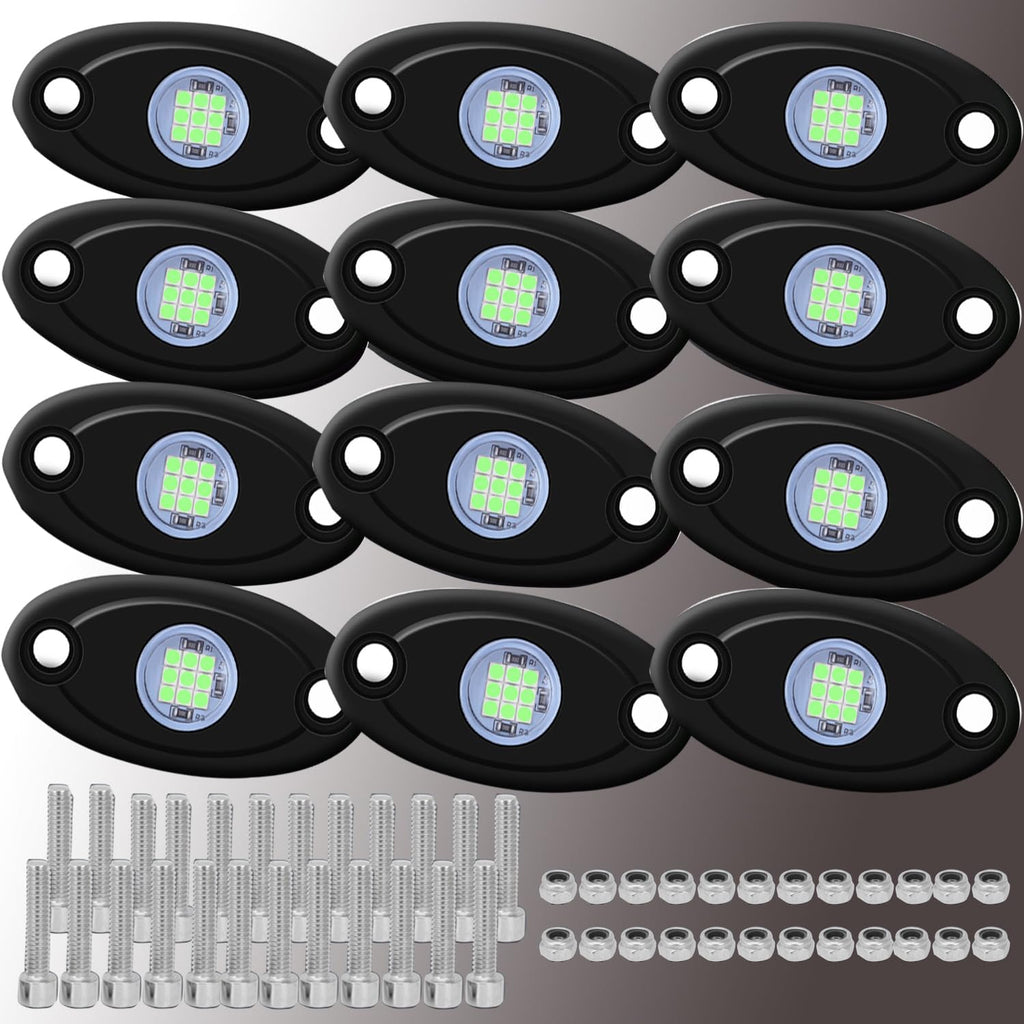 12 Pods Green LED Rock Lights Neon Underglow Light for Car Truck ATV SUV Under Body Glow Light Trail Fender Lighting