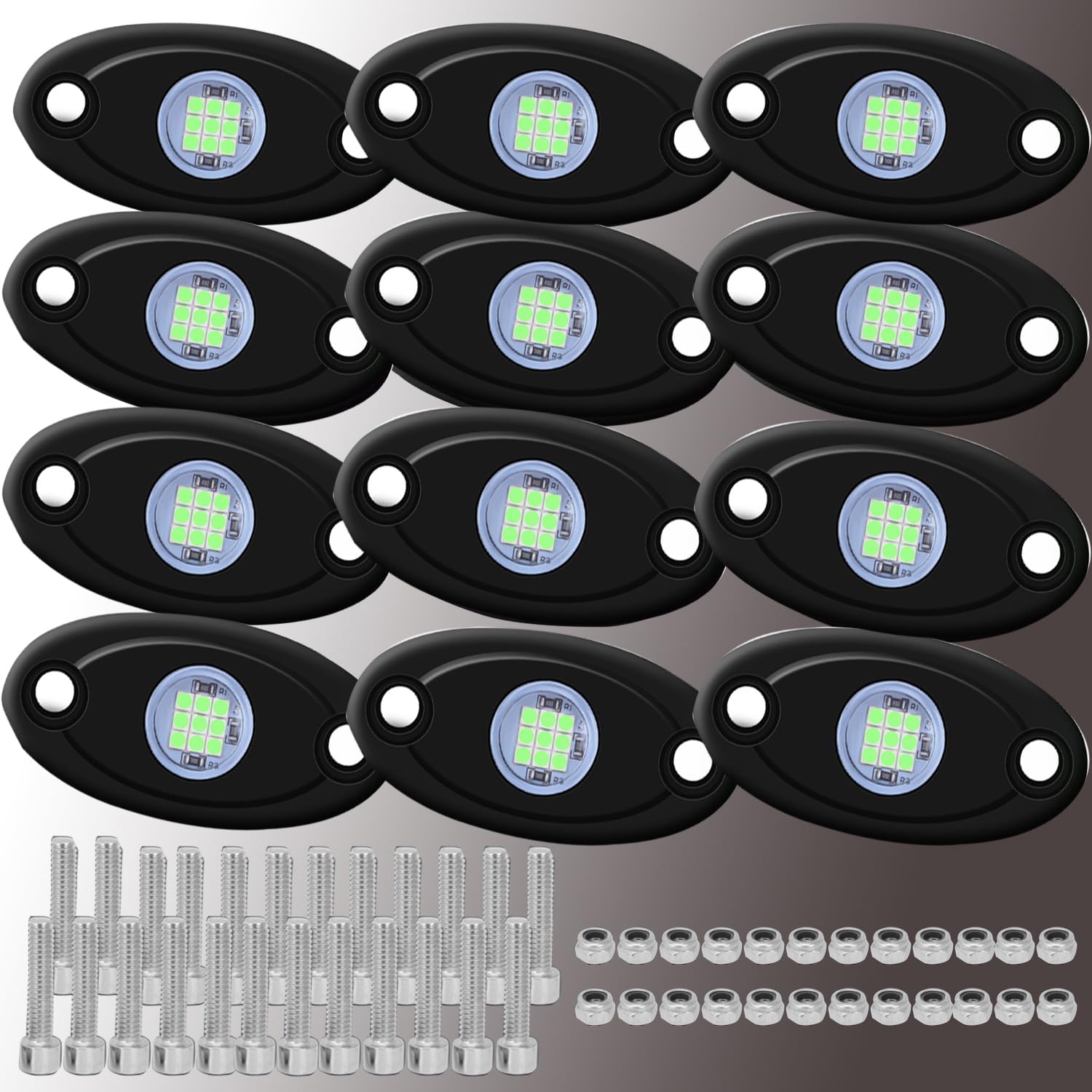 12 Pods Green LED Rock Lights Neon Underglow Light for Car Truck ATV SUV Under Body Glow Light Trail Fender Lighting