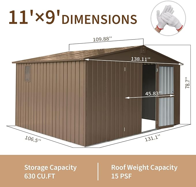 IKERY Large Galvanized Steel Storage Shed 11' x 9' - Image 7