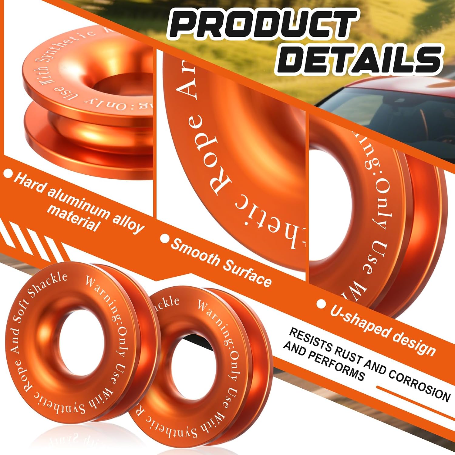 2 Pcs Winch Snatch Recovery Ring Block Pulley 66, 000 Lbs Compatible for SUV UTV ATV Off-Road Vehicle and Truck Pulley Towing Ring for Synthetic Rope and Soft Shackle (Orange)