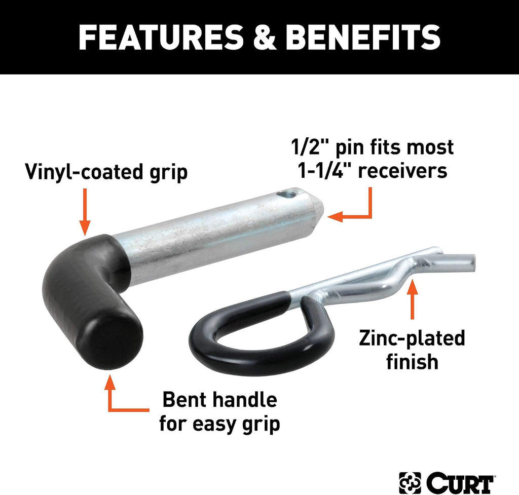 CURT 21410 Trailer Hitch Pin & Clip with Vinyl-Coated Grip, 1/2-Inch Diameter, Fits 1-1/4-Inch Receiver, Clear ZINC
