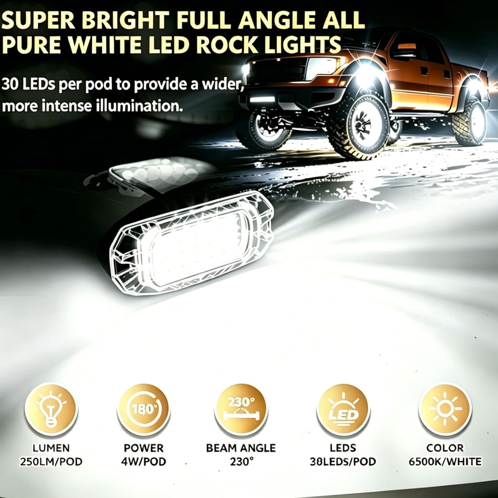 12 Pods Full Angle Pure White LED Rock Lights with Switch Harness Extension Wires, 6500K Super Bright Waterproof White Underglow Kit for ATV UTV SUV Trucks Jeeps Golf Cart Offroad Pickup