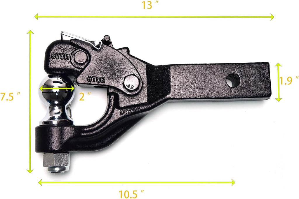 Pintle Hitch with 2-Inch Trailer Ball, Stainless Steel Locks, Fits 2-Inch Receiver, 16,000 lbs (8T), 13-Inch Length