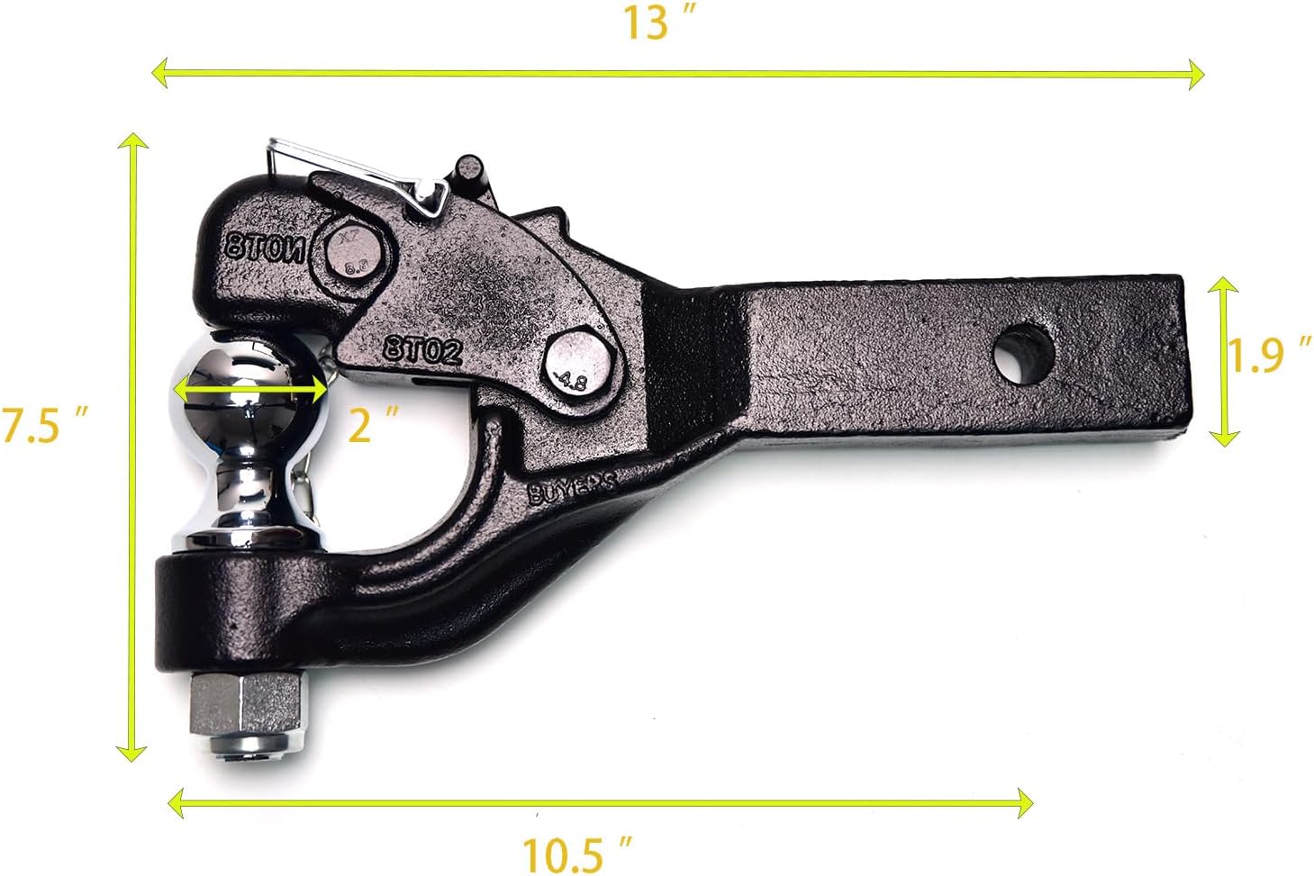Pintle Hitch with 2-Inch Trailer Ball, Stainless Steel Locks, Fits 2-Inch Receiver, 16,000 lbs (8T), 13-Inch Length