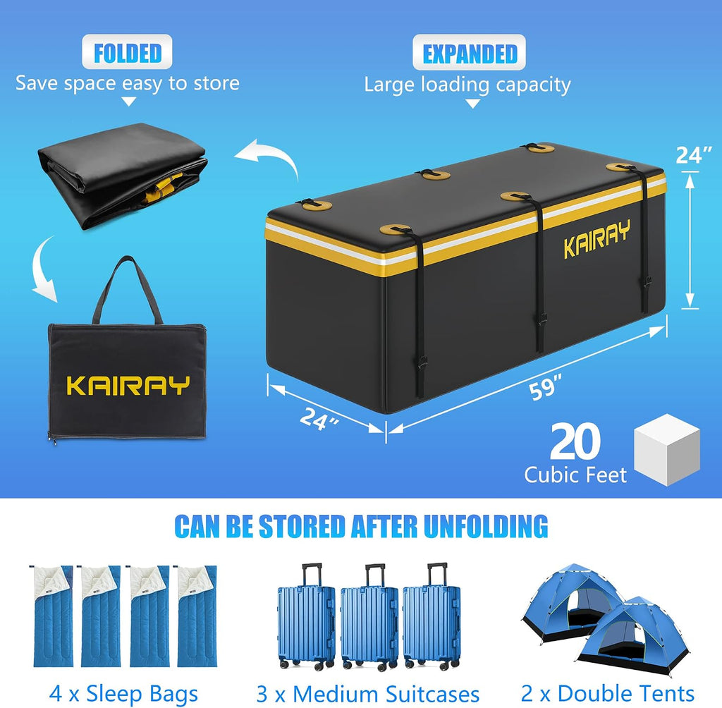 KAIRAY 500 Lbs Heavy Duty Hitch Mount Cargo Carrier 60"x24"x14.4" Folding Rear Luggage Rack Basket Fits 2" Receiver for Car SUV Camping Traveling with Stablizer Waterproof Bag Net Ratchet Straps Lock
