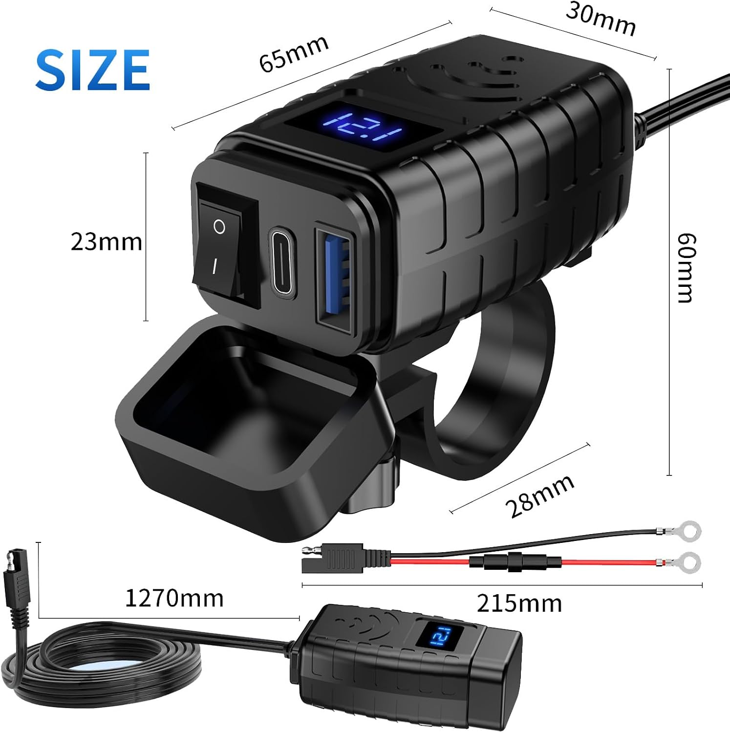 Motorcycle Phone Charger,Dual USB Type C PD & Quick Charge 3.0 Motorcycle USB Charger with Voltmeter & ON/Off Switch, Waterproof Motorcycle Accessories for Phone, Tablet, GPS, etc