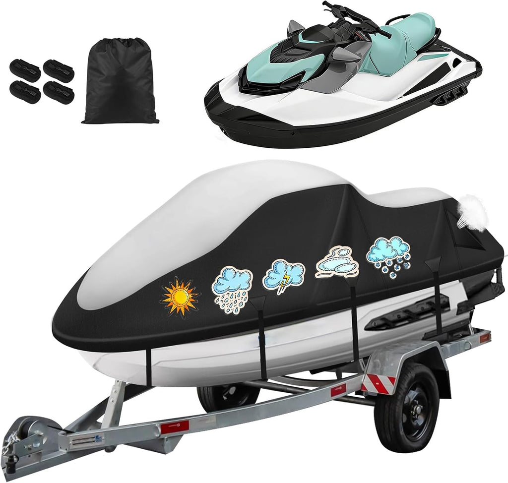 Jet Ski Cover 3 Seater,420D Waterproof Jetski Covers with 2 Vents & 4 Windproof Buckles UV Protection Universal Fits Yamaha Seadoo from 116" to 125"(Black Silver)
