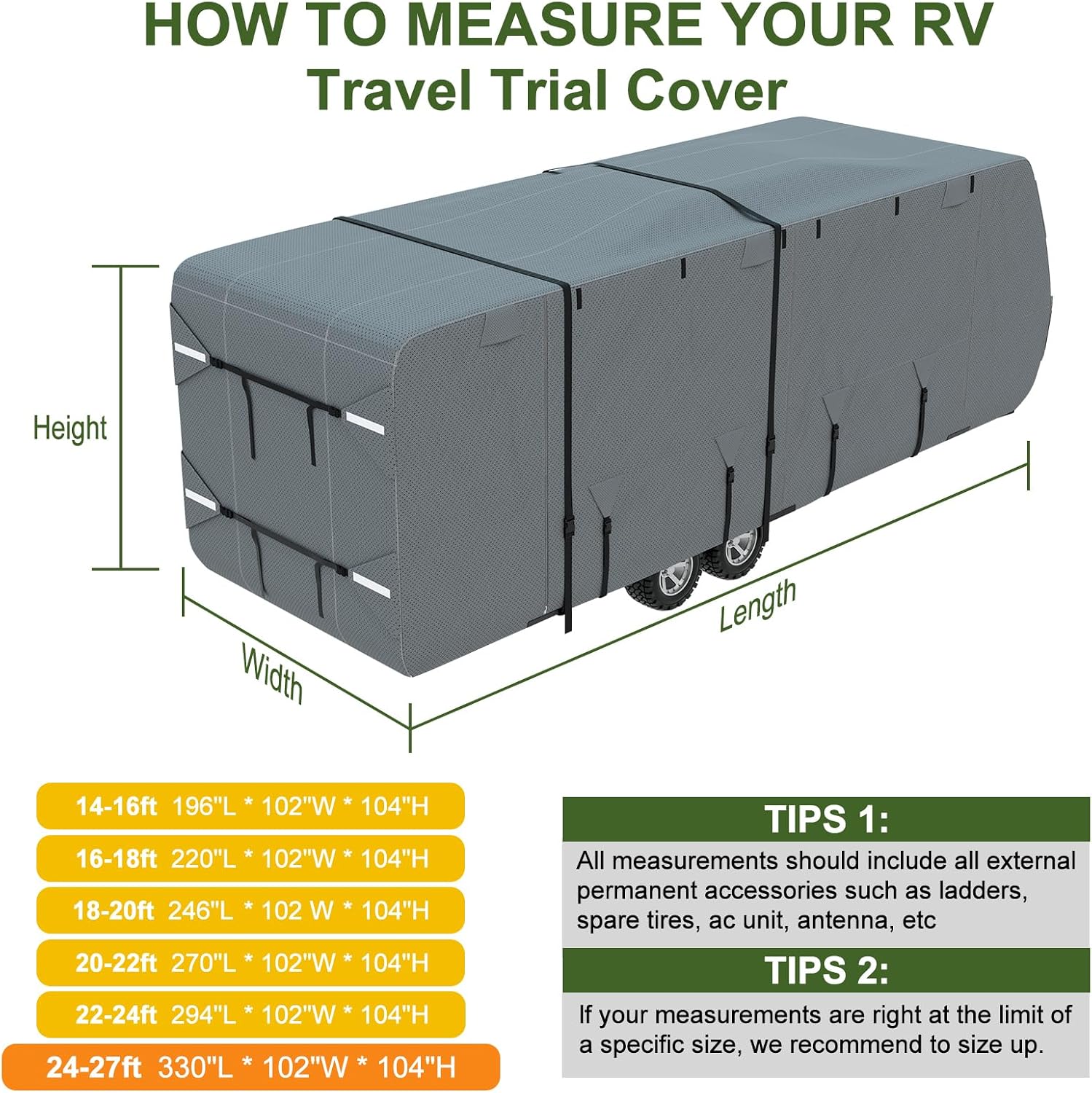 Mofeez Travel Trailer RV Cover, Extra-Thick Upgraded 7 Layers for Camper Cover 24'-27' Windproof Waterproof Rip-Stop RV Covers with Adhesive Repair Patches, 2Pcs Extra Straps & 4 Tire Covers
