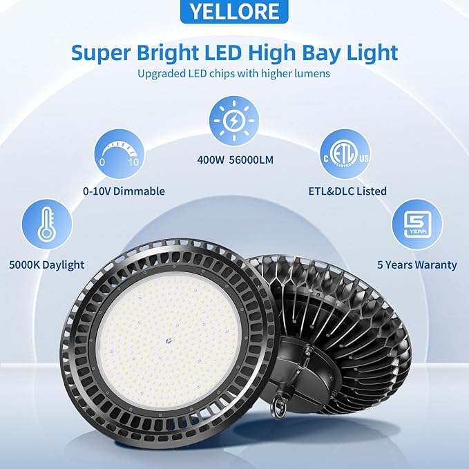 400W LED High Bay Light 56000LM 5000K 120VAC UFO Light IP65 Waterproof Dimmable - Image 2