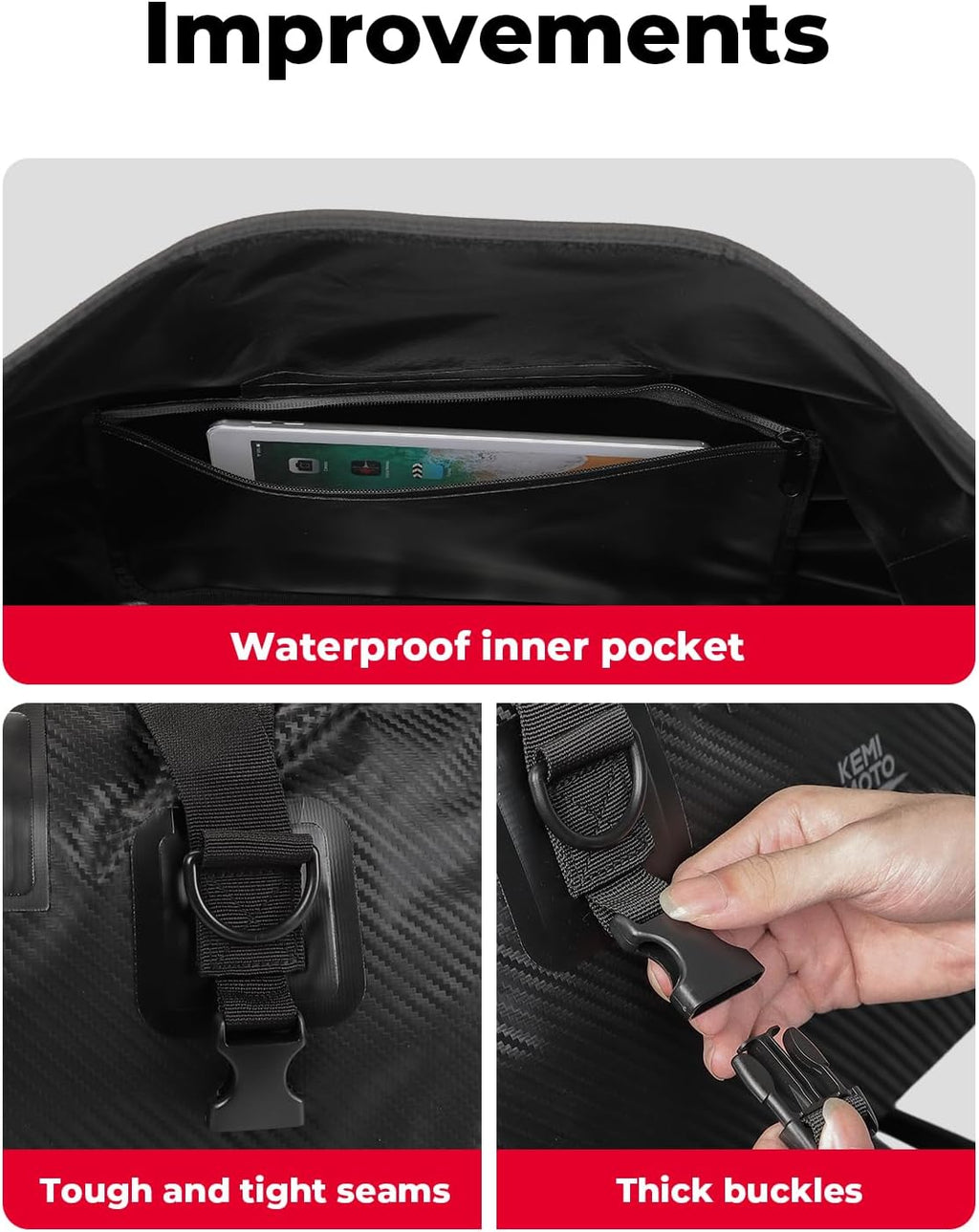 KEMIMOTO Waterproof Motorcycle Dry Bag – Duffle Tail Bag Soft Luggage, 25L/40L/65L Large Capacity with 4 Quick-Release Straps, Dustproof for Touring, Adventure, Motorcycling & Camping Black