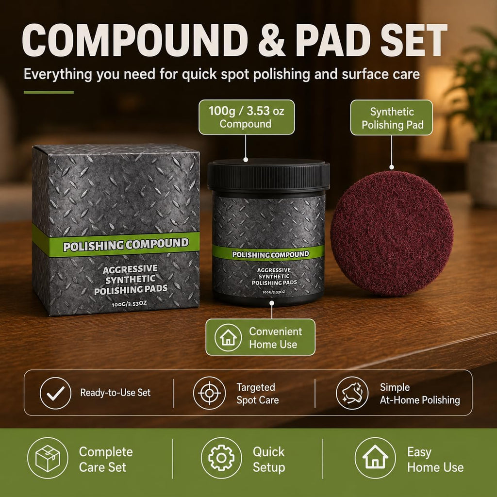 Wood Polishing Compound with Pad, Multi-Surface Scratch Remover and Surface Restoration Polish, Compound and Polish for Wood Furniture, Metal, Tile & Painted Surfaces