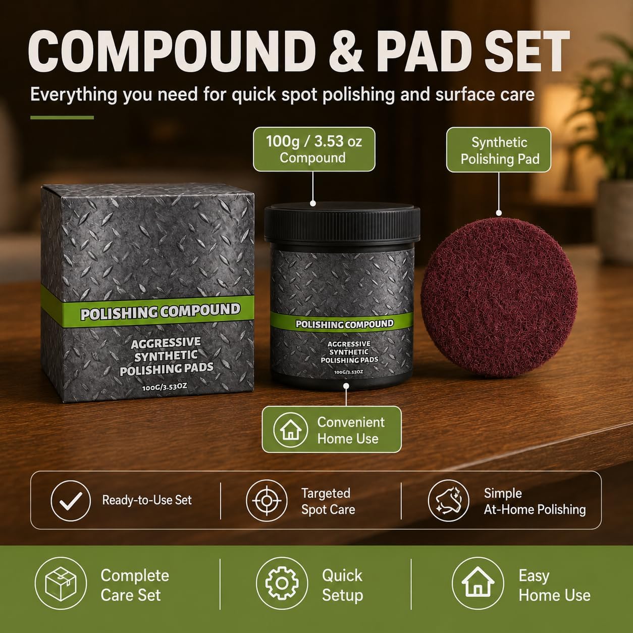 Wood Polishing Compound with Pad, Multi-Surface Scratch Remover and Surface Restoration Polish, Compound and Polish for Wood Furniture, Metal, Tile & Painted Surfaces