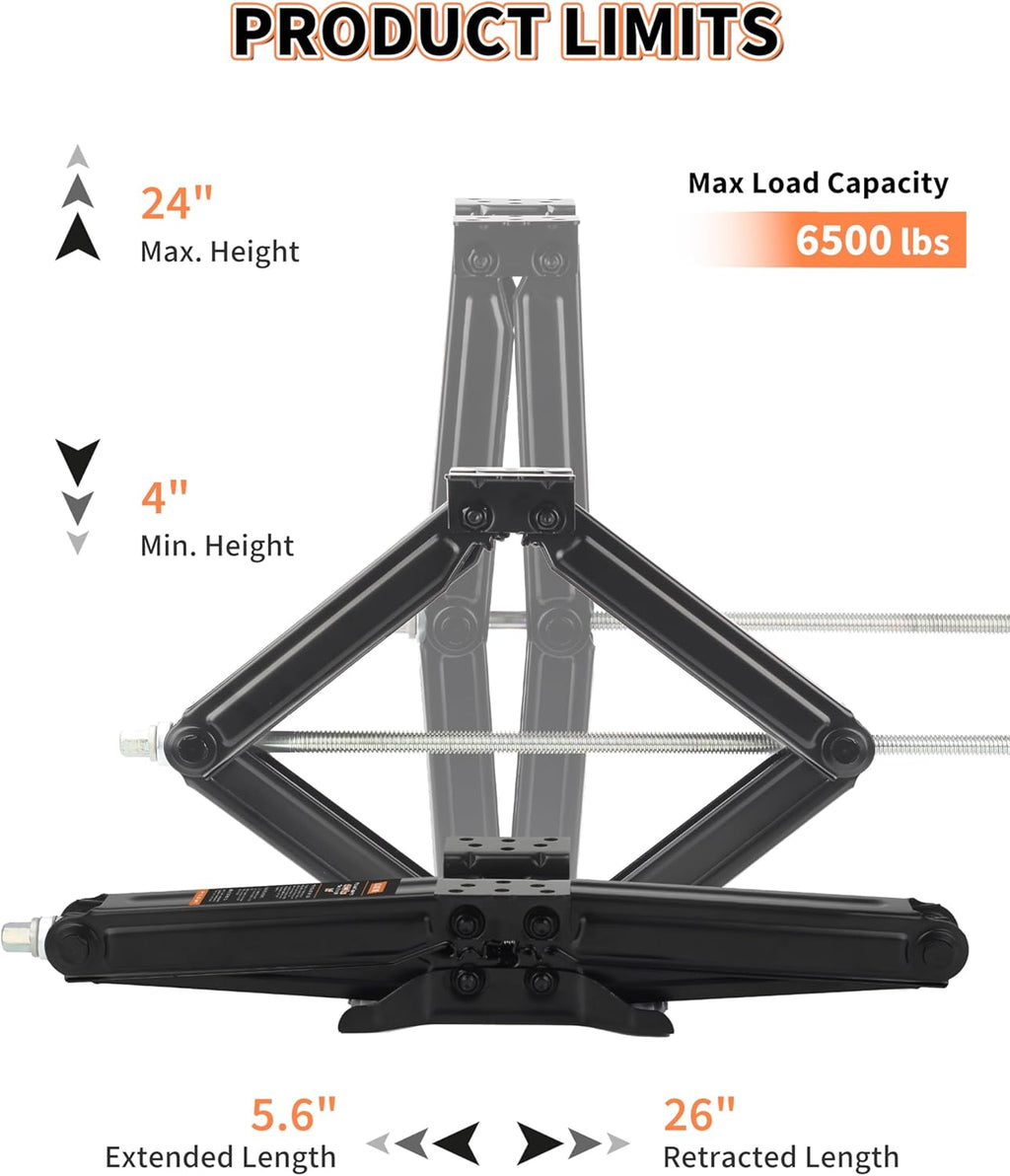 OULEME 24" RV Camper Scissor Jack, 6500 lbs Travel Trailer Leveling Stabilizer with Crank Handle & Drill Socket - Set of 4
