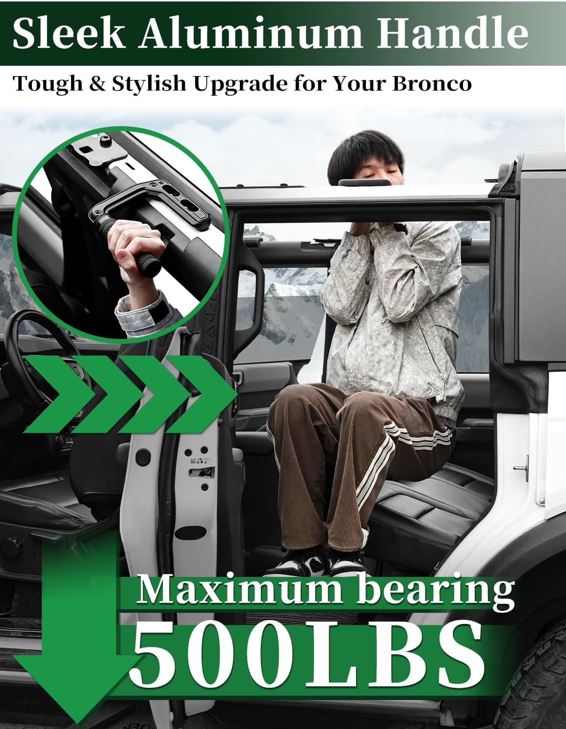 JROAD Bronco Aluminum Grab Handles Roll Bar Non-Slip Grip HandlesCompatible with Ford Bronco 2021-2025 Front Or Rear Seat 4 Door Soft/Hard Top,Bronco Raptor Interior Accessories （2PCS/Black）