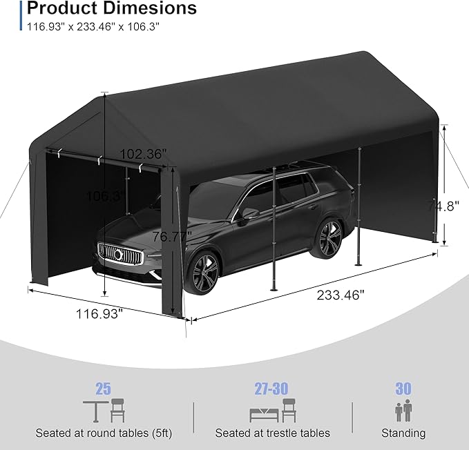 Carport 10x20 Heavy Duty Portable Garage w/Removable Sidewalls & Roll-Up Door - Image 4