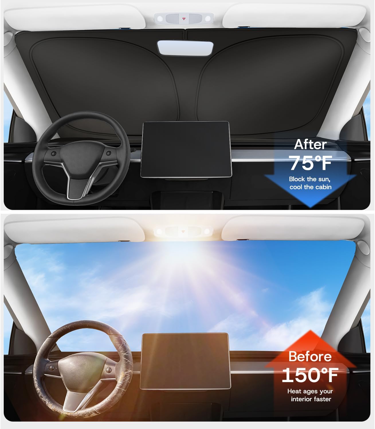 Windshield Sunshade for Tesla Model Y/3 2016-2026 (Juniper/Highland), [100% Sun Block & Anti‑Wrinkle] UV Protection Heat Insulation Front Window Cover for Tesla Model Y/3 Accessories