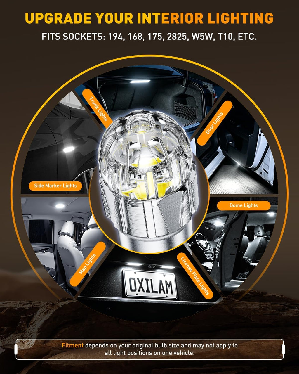 OXILAM 194 LED Bulb for License Plate Bulb Super Bright, 168 T10 W5W 2825 LED Bulb for Dome Door Map Courtesy Trunk Cargo Dash LED Interior Light Bulb, Pack of 2