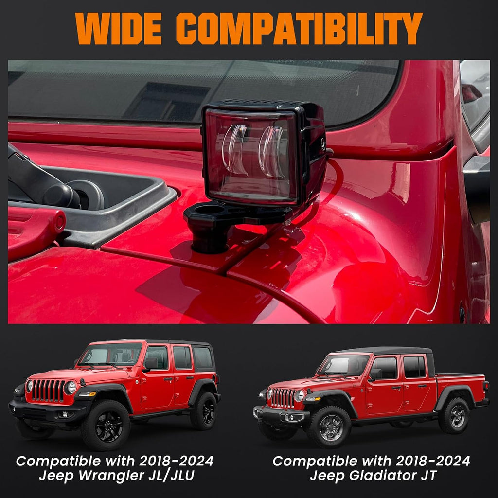Wrangler JL Light Bar Hood Mounting Brackets, Gladiator JT Ditch Light Cowl Mount Brackets A-Pillar LED Fog Light Pod Brackets for 2018-2025 Jeep Wrangler JL JLU 4xe Gladiator JT Accessories