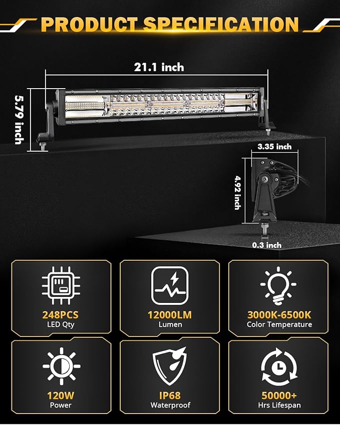 Auxbeam 22 Inch LED Light Bar, 120W 6 Modes Amber White Strobe Fog Lights - Image 5