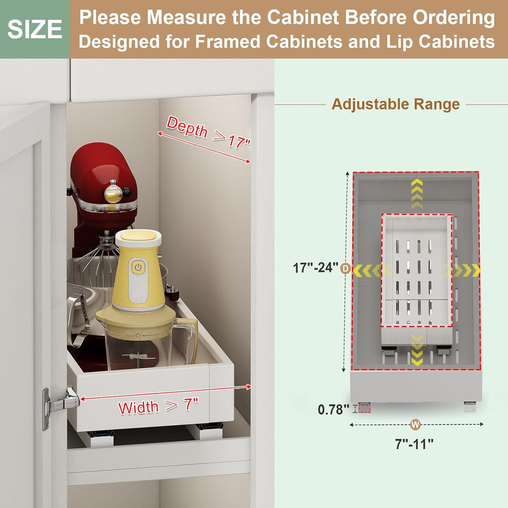 fokyfok pull out cabinet organizer,7"-11"w,17"-24"d,expandable,adhesive shown in use