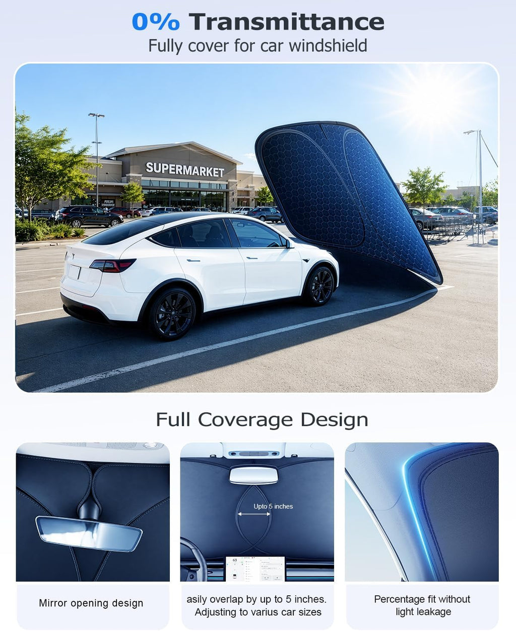 DMJN Front Windshield Sun Shade for Tesla New Model Y, Y & 3 (2017-2026), [Nano Ice-Crystal Coatings] UPF50+ Heat & UV Block, Protect Car Interior & Keep Cool, Flodable Steel-Ring Car Cover for Summer