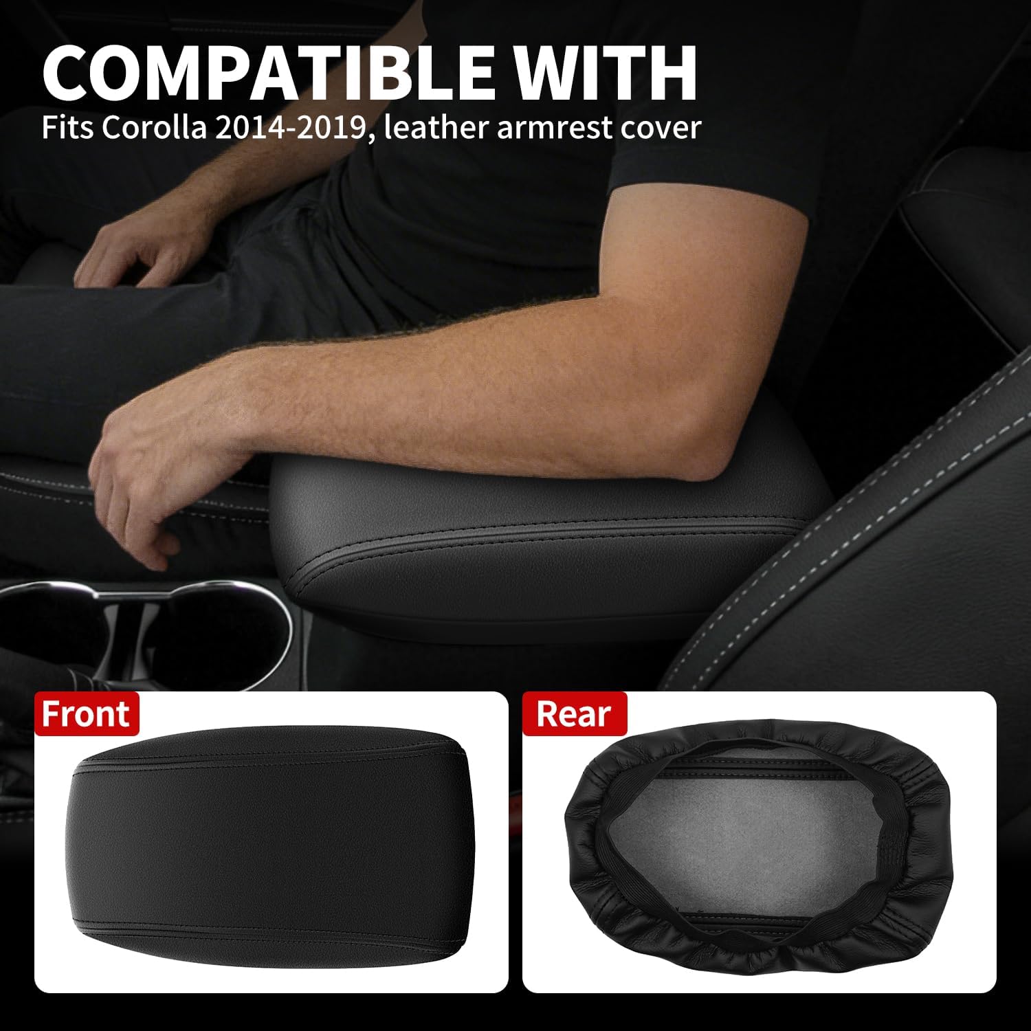 Center Console Armrest Cover Compatible with Toyota Corolla 2014-2019 Accessories, Premium Leather Arm Rest Cover Pad, Car Middle Console Cover (Black)
