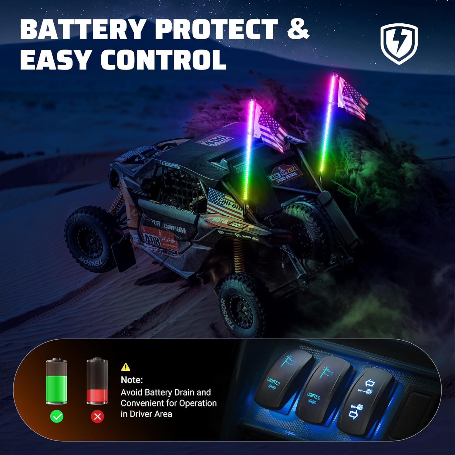 Ehaho 2 PCS 3FT Whip Lights with Spring Base, APP & Remote Control Led Whip Lights for Side by Side, Spiral RGB Chasing Lighted Whips with Rocker Switch, Music Led Whips for UTV ATV RZR SXS Can-Am