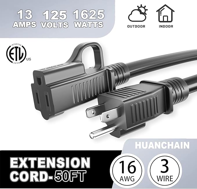 HUANCHAIN Indoor Outdoor Black Extension Cord 50 ft Waterproof, 16/3 Gauge - Image 7
