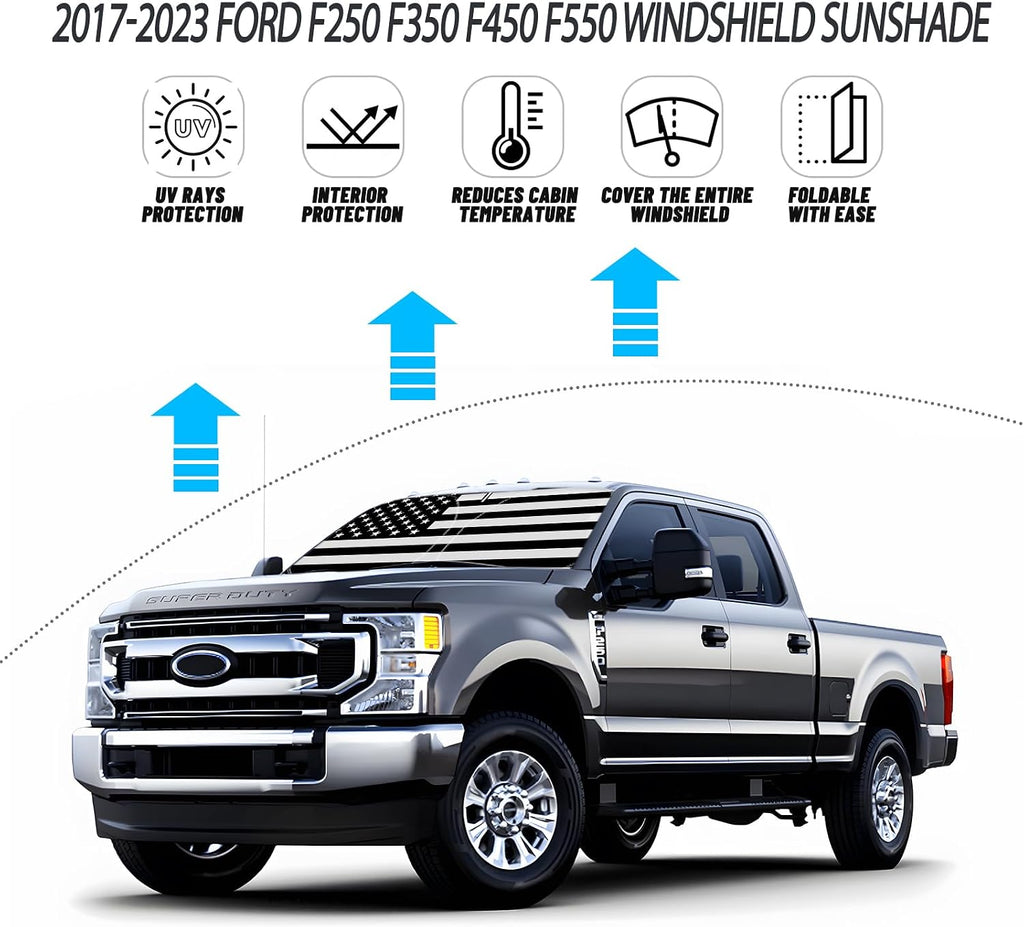 D-Lumina Windshield Sun Shade for 2017-2022 Fo-rd F250 F350 F450 F550 Super Duty 2/4 Door, Front Window Sunshade American Flag Sun Visor Protector Block UV Rays Heat, Foldable 2 Layers 210T Material