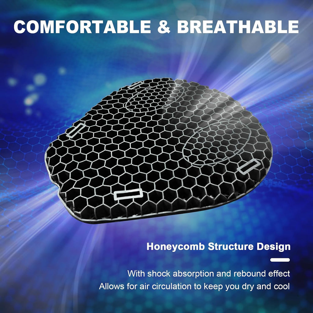 Motorcycle Seat Cushion, 3D Honeycomb Gel Pad, Pressure Relief Shock Absorption, Breathable Non-Slip Universal Cover for Long Ride, Fits Cruiser Street Touring Bike (Four Seasons)
