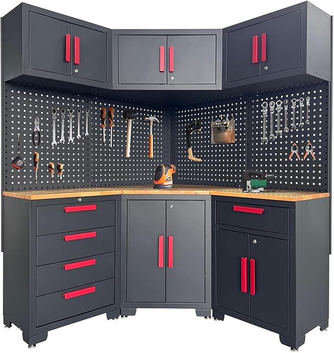 Red Garage Cabinet Storage System 10-Pcs Corner Workshop Set Garage Cabinet and - Image 8