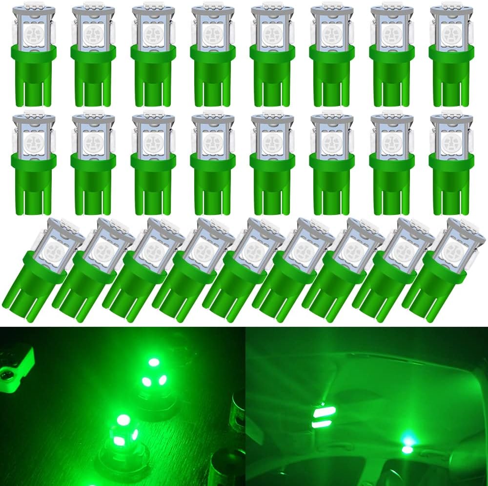 25-Pack 194 LED Light Bulb, Super Bright T10 LED Bulb Green, 2825 Bulb 5050 Chipset 5-SMD, W5W 168 LED Bulbs Replacement for 12V Car Interior Dome Map Door Courtesy License Plate Lights