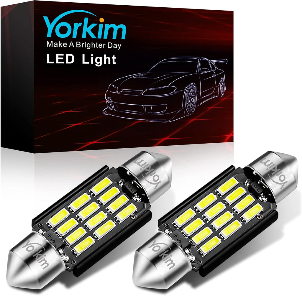 Yorkim 6418 LED Bulb, 36mm LED 6500K White Super Bright Interior Lights 12-SMD 4014 Chipsets, Festoon LED 36mm 37mm 38mm, DE3021 C5W Bulb White, Pack of 2