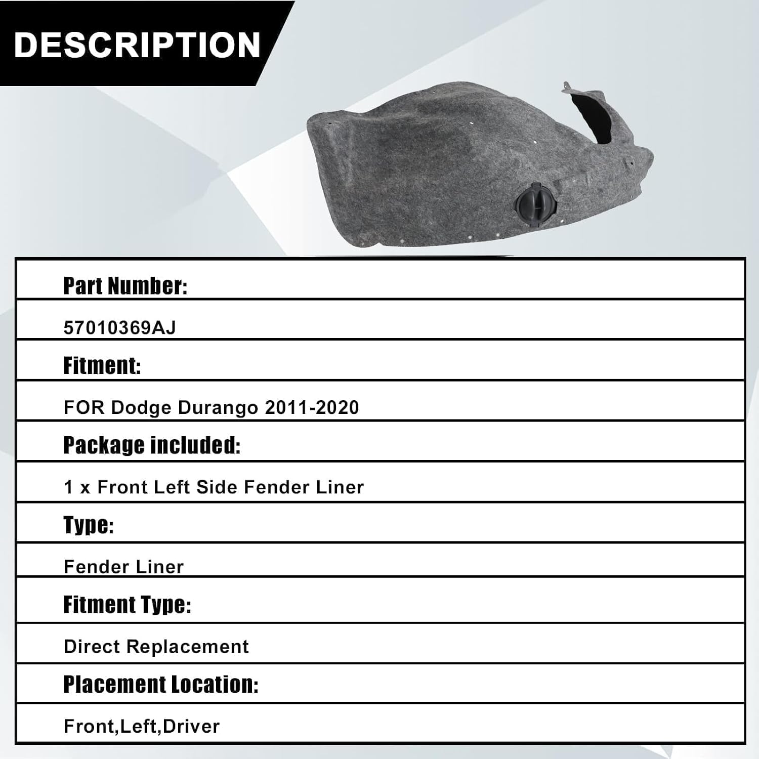 SecosAutoparts Fender Liner Inner Front Left Side Compatible with Dodge Durango 2011-2020 Replace# 57010369AJ