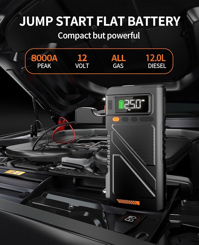 8000A Jump Starter with Air Inflator & Deflator Compressor, 9-in-1 Portab...