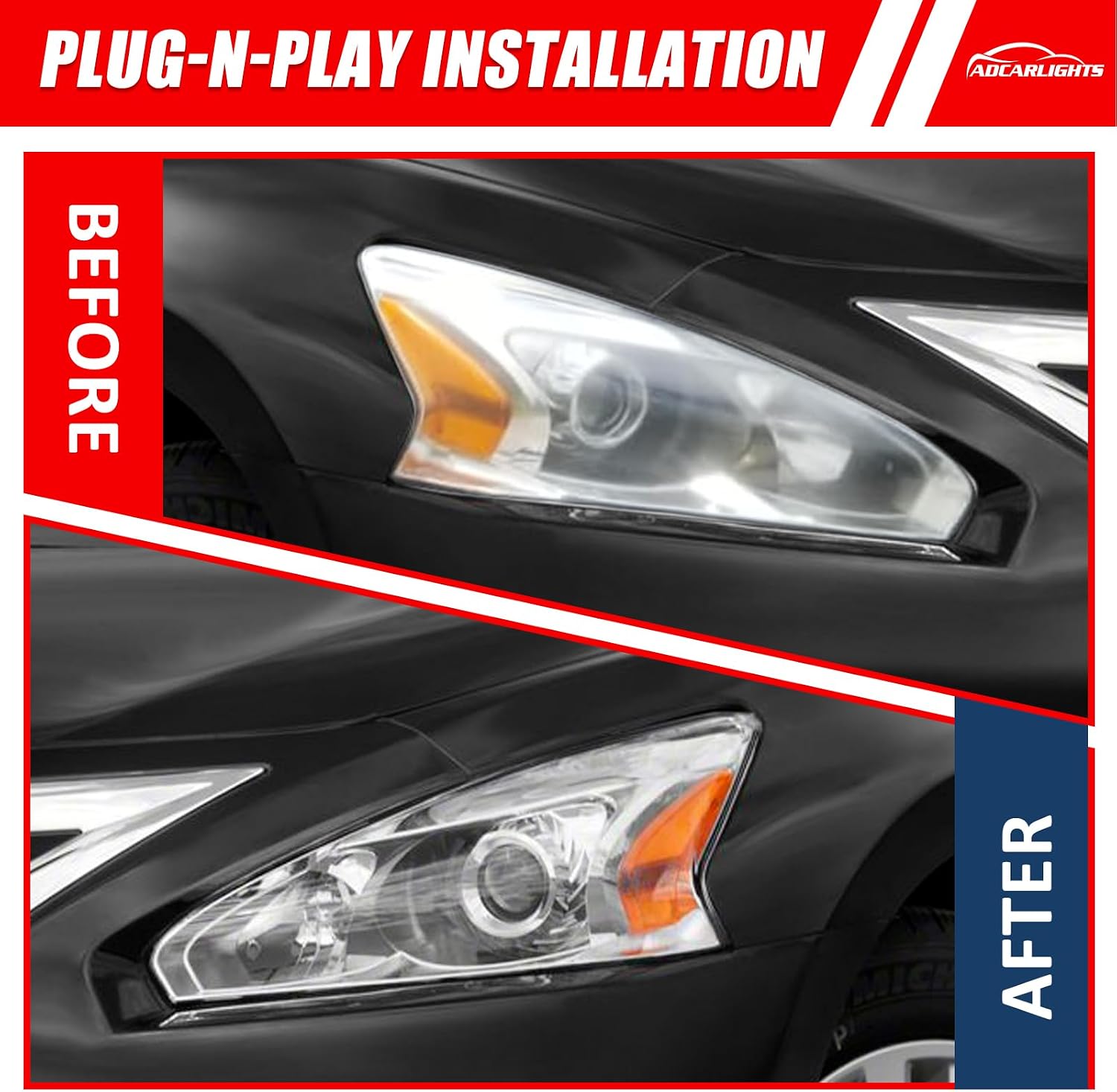 2013 2014 2015 Nissan Altima Headlight Assembly Only fit 4Door Clear Lens Chrome Housing with Amber Reflector Headlamp Replacement Left and Right Pair(Does Not Fit Xenon/HID)（W/O Bulbs）