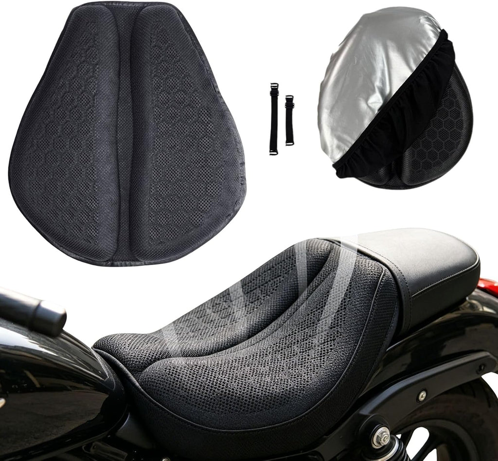 Motorcycle Seat Cushion, 100% Gel 3D Honeycomb Motorcycle Seat Cover with Non-Slip & Breathable TPE Material, Universal Ergonomic Seat Pad for Long Rides, Shock Absorption & Rider Comfort (Black)
