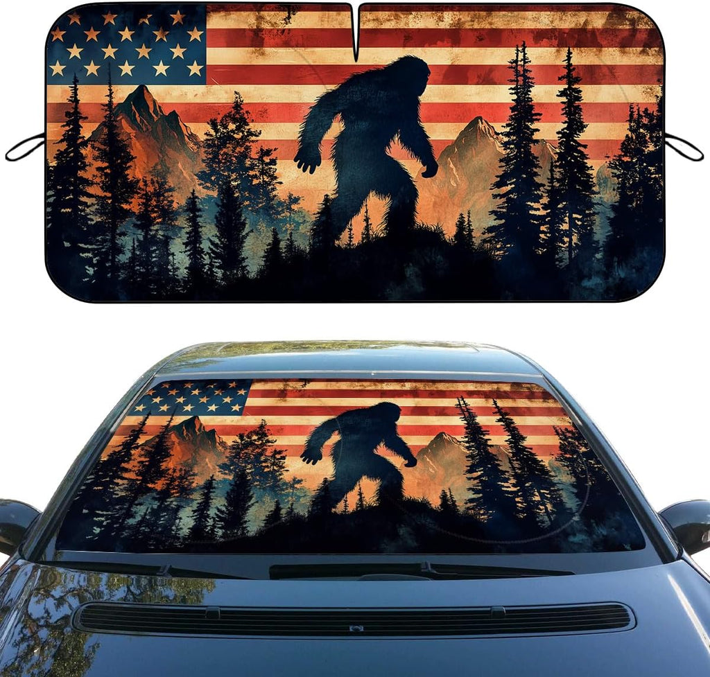 Bigfoot Mountain Car Windshield Sun Shade - American Flag Heatshield Blocks UV Rays Sun Visor Protector for Sedan, Truck, SUV - 59" L x 31.5" W