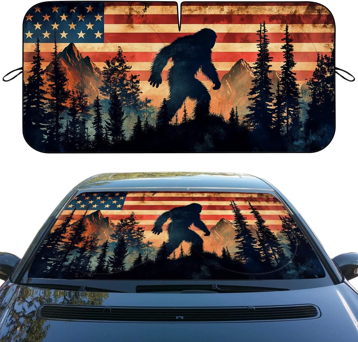 Bigfoot Mountain Car Windshield Sun Shade - American Flag Heatshield Blocks UV Rays Sun Visor Protector for Sedan, Truck, SUV - 59" L x 31.5" W