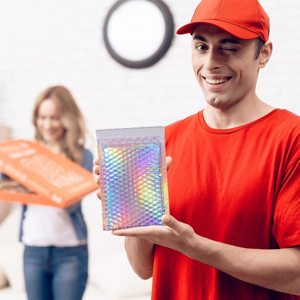 100 Pack Metallic Bubble Mailers 3 Sizes Holographic Padded Bubble Rainbow Po...