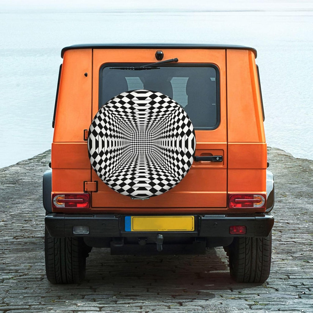 Black and White Chess Grid Print Universal Spare Tire Cover for RV, Jeep | Wheel Protector Fits Rv, Trailer, Jeep, Shield Tires From Sun, Dirt And Rain For Outdoor Storage