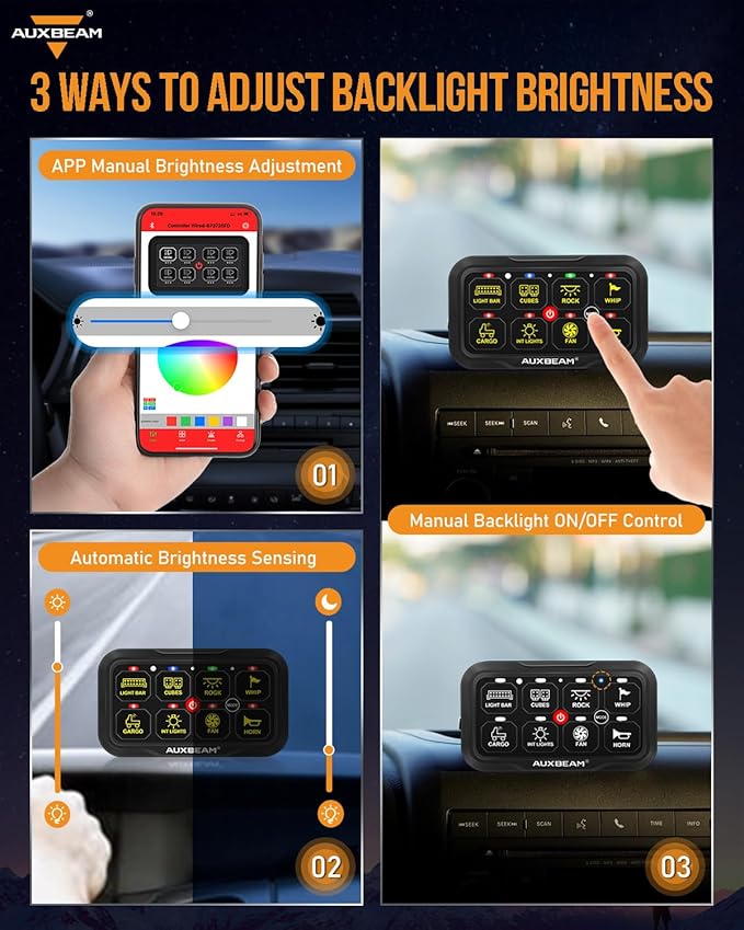 Auxbeam RGB Bluetooth 8 Gang Switch Panel AR-820 Toggle Momentary Pulsed Switch