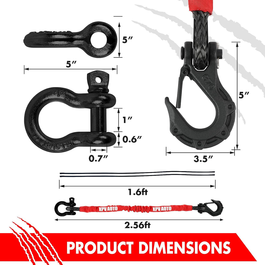 XPV AUTO Recovery Strap (18,000lb.) 2FT with Winch Hook and D-Ring Shackle Synthetic Tow Recovery Rope for ATV Mud Recovery