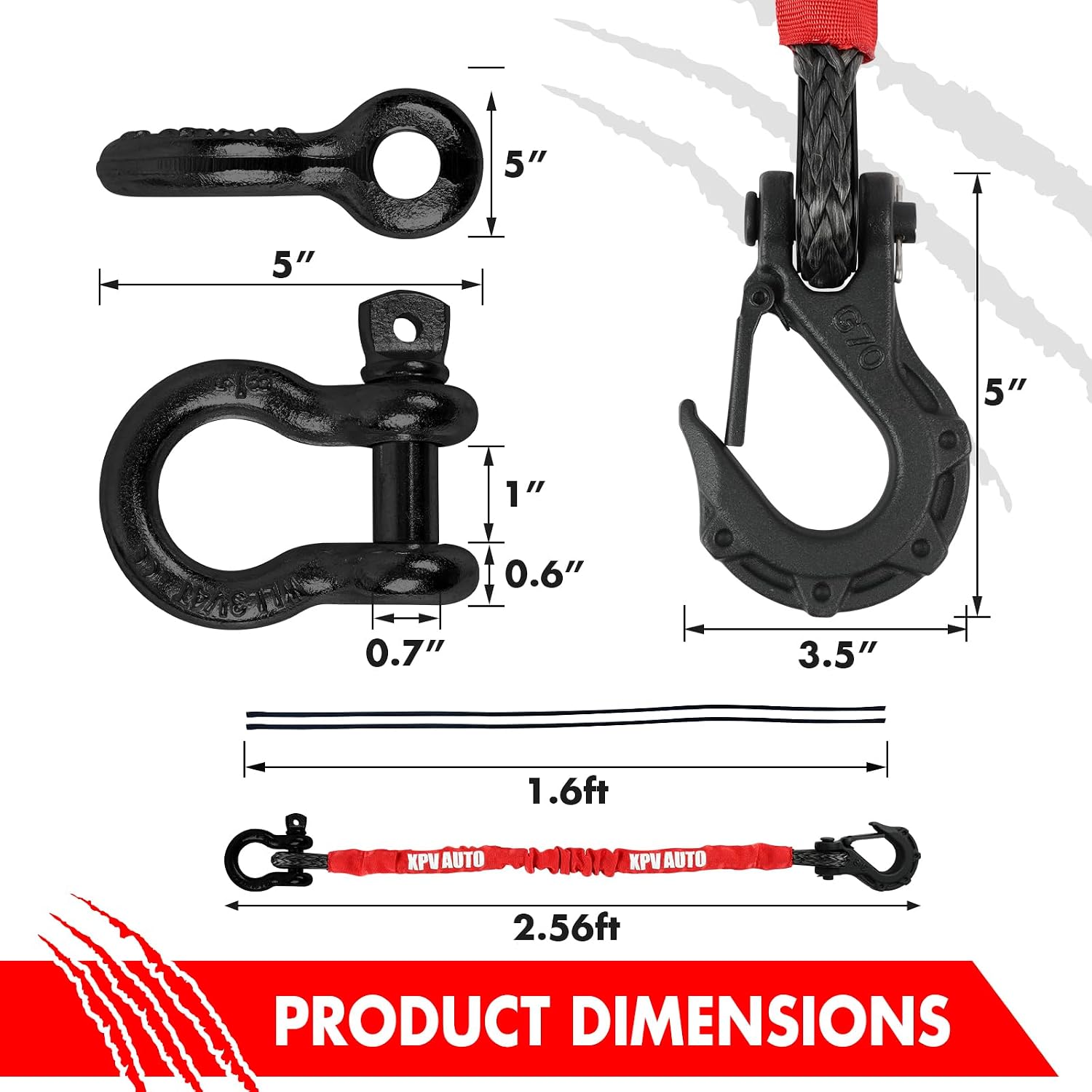 XPV AUTO Recovery Strap (18,000lb.) 2FT with Winch Hook and D-Ring Shackle Synthetic Tow Recovery Rope for ATV Mud Recovery