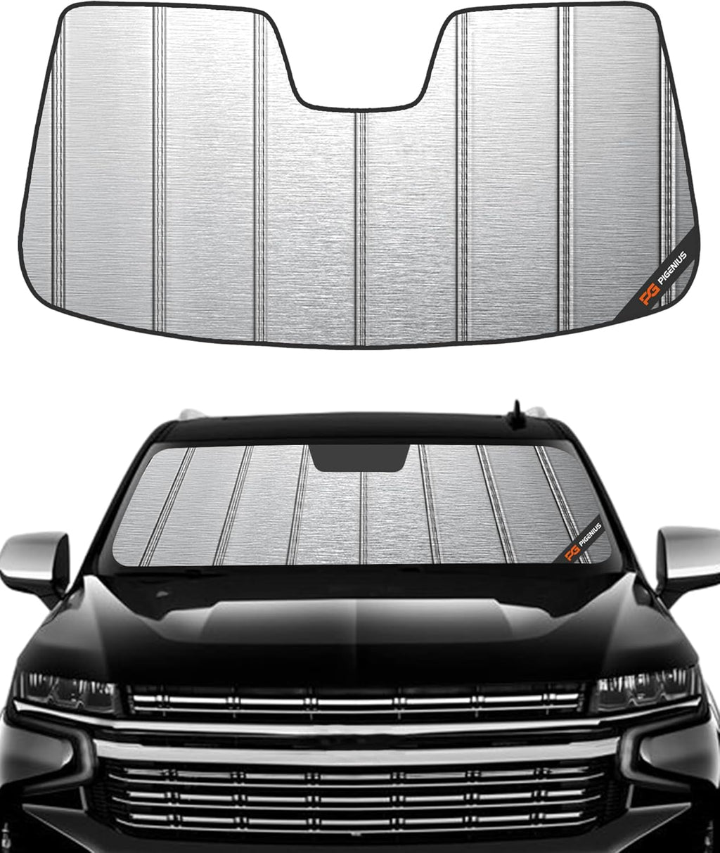 Pigenius Windshield Sun Shade for Chevy Tahoe Suburban 2021-2024, GMC Yukon/Yukon XL 2021-2024, Cadillac Escalade/Escalade ESV 2021-2024, Metallic Silver Finish