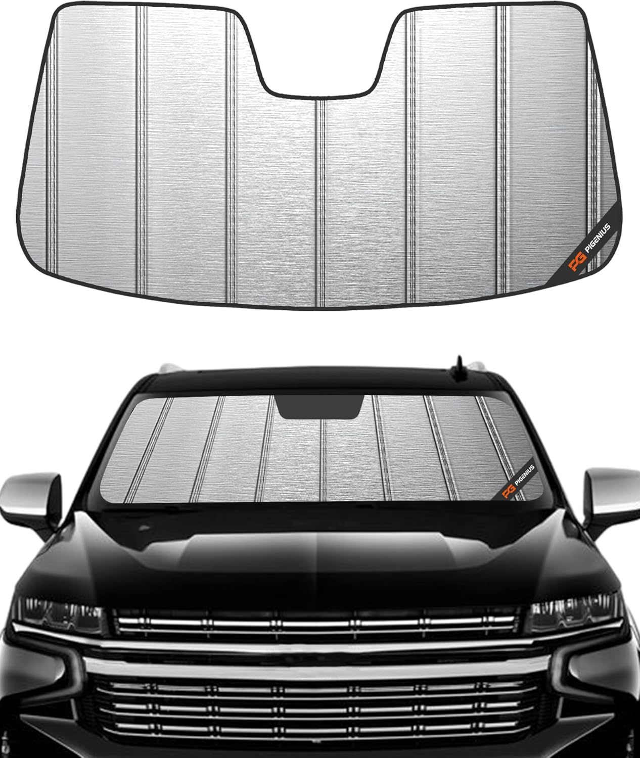 Pigenius Windshield Sun Shade for Chevy Tahoe Suburban 2021-2024, GMC Yukon/Yukon XL 2021-2024, Cadillac Escalade/Escalade ESV 2021-2024, Metallic Silver Finish