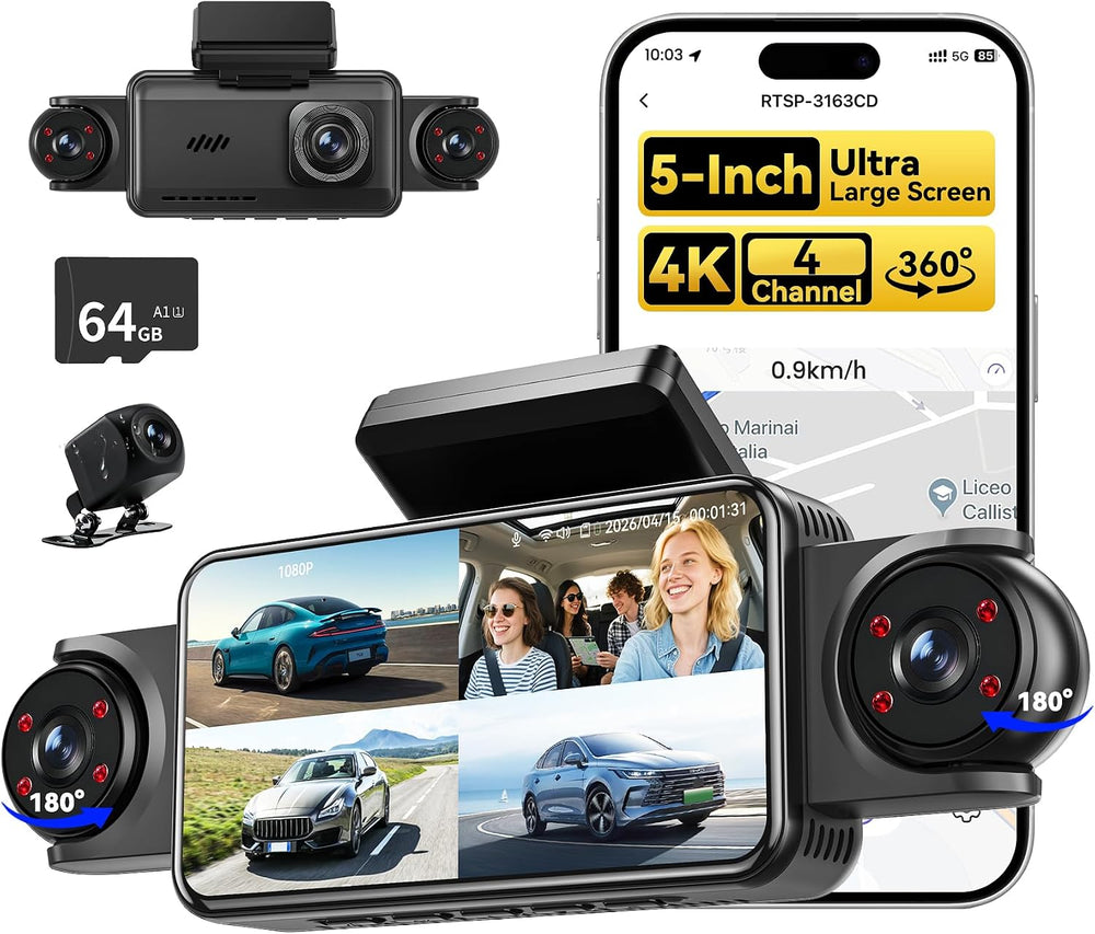 5'' Extra Large 4K Dash Cam Front Rear Left Right, 360° 4 Channel Das...
