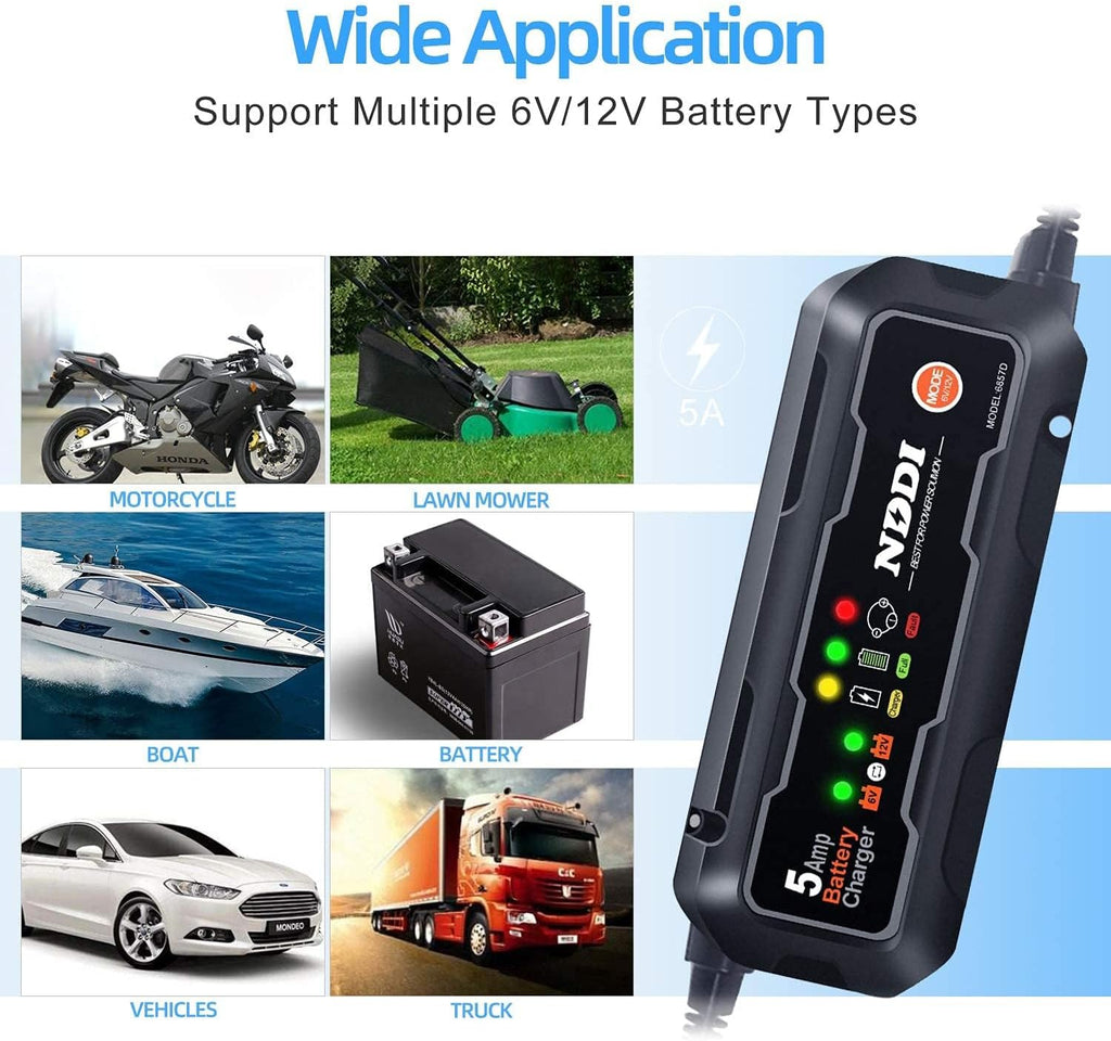NDDI 5 Amp Battery Charger, 6V/12V Smart Automatic Charger with LED Indicators
