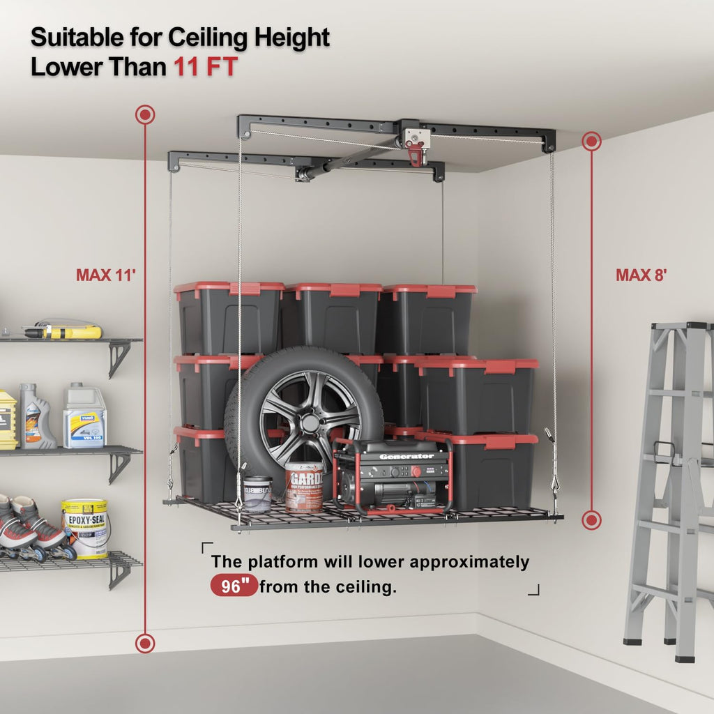 overhead garage storage lift, 4x4 ft ceiling storage shown in use
