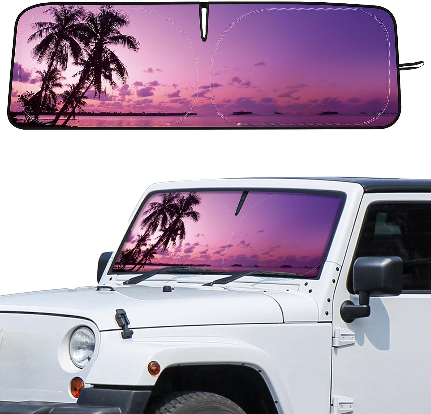 DaisyInner Windshield Sun Shade Compatible with Jeep Jk Jku Jl Jlu 1997-2023 and Compatible with Gladiator Jt 2020-2023 Foldable Windshield Sunvisor Blocks UV Rays (Sunset, 16.5" x 52.5")